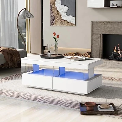 Image of BTM White High Gloss LED Coffee Table, Tea Table with 16 Colors Lights, 2 Drawers and Open Storage Space, Rectangular for Office, Store Living Room 100 * 60 49.5cm