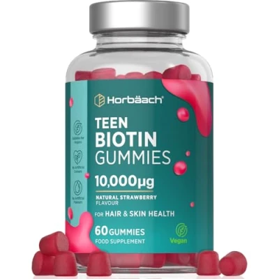 Image of Biotin Gummies for Teens 60 Count Natural Strawberry Flavour 10,000ug of to Support Hair &amp; Skin Health High Strength Vegan Supplement by Horbaach
