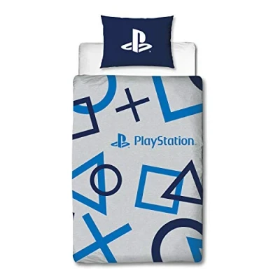 Image of Character World Playstation Blue Single Duvet Cover Officially Licensed Sony Reversible Two Sided Gaming Bedding Design with Matching Pillowcase, Polycotton, Blue, PYSBLEDS001UK1