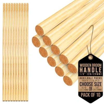 Image of Wooden Broom Handle Multipurpose Garden Shaft, Mop Handle, Broomstick Brush Pole, Plant Support Sticks for 120cm Long (Pack of 10, 1/8&quot; (28/29mm)