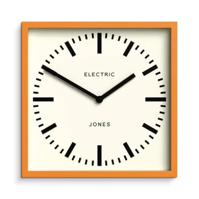 Image of Jones Clocks® Box railway wall clock Square station 25cm Orange Cool designer look for kitchen, living room or office