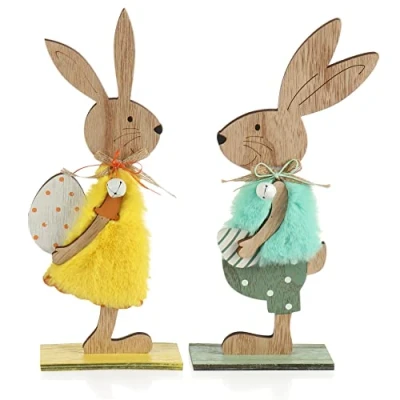 Image of com four® 2x decorative stands for Easter pair of bunnies with eggs standing up decoration made wood (2 pieces yellow/blue)