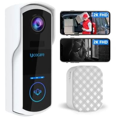 Image of UCOCARE Doorbell Camera Wireless with Chime, 2K FHD Video Wireless, Voice Changer/Message, PIR Motion Detection, Instant Alerts, 2 Way Audio, Night Vision, 2.4G WiFi, IP67, Battery Powered