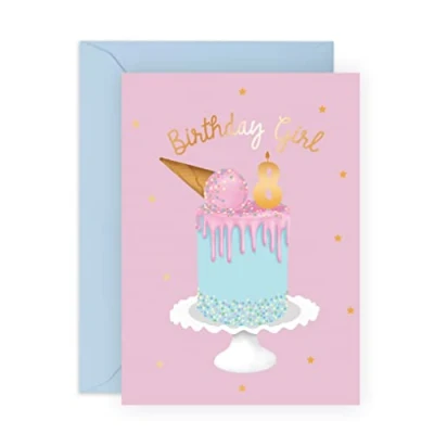 Image of Central 23 Eighth Birthday Card for Girls Happy 8th Age 8 Eight Year Old Pink Ice Cream Cake Greeting Kids Daughter Granddaughter Toddler Comes With Fun Stickers