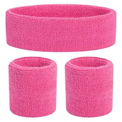 Image of ONUPGO Kids Sweatbands Headband Wristband Set Athletic Cotton Sweat Band for Sports (1 + 2 Wristbands) (Pink)