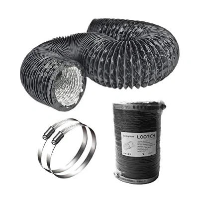 Image of LOOTICH Strong 4&quot; Air Duct 8 FT Long Black PVC Flexible Aluminum Ducting with 2 Stainless Steel Clamps 4 Layer HVAC Ventilation Hose for Grow Tents Dryer Rooms House Vent Register Lines