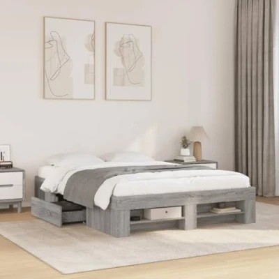 Image of vidaXL Bed Frame Grey Sonoma 120x190 cm Small Double Engineered Wood, Storage Drawers, Modern Bedroom Furniture