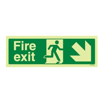 Image of V Safety 14006AX G Glow In The Dark Fire Exit Arrow Down Right Sign 300mm x 100mm Rigid Plastic, Green