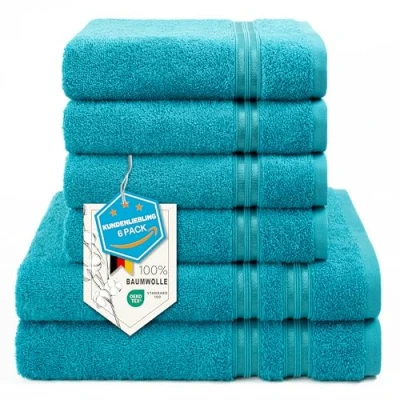 Image of Hammetex 6 Piece Hand Towel Set, 100% Cotton, Soft, Absorbent, Quality Towels 2 Bath 70 x 140 cm, 4 50 100 Turquoise