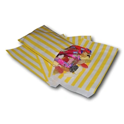 Image of EPOSGEAR® 100 Coloured Candy Stripe Sweet Paper Party Bags Ideal for Gift Shops, Wedding Favours, Carts, Buffets etc (Yellow, 7&quot; x 9&quot;)