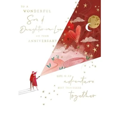 Image of Noel Tatt Wonderful Son and Daughter in Law Anniversary Card Heart Hot Air Balloon with an Embossed Foil Finish Eco Friendly Recyclable
