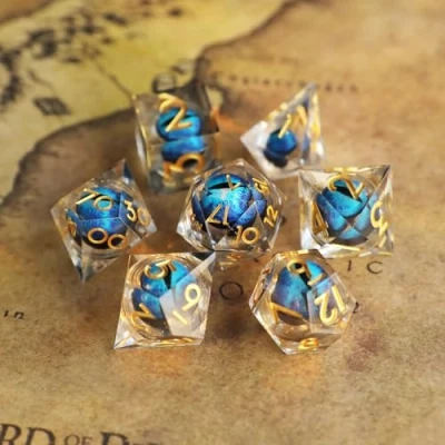 Image of D&amp;D Dice Set Floating Pupil Eyeball Resin Sharp Edge 7pcs Handmade DND for Polyhedral Dungeons and Dragons MTG RPG Ttrpg Pathfinder Roleplaying D D20 D12 D10 D8 D6 D4 with Box