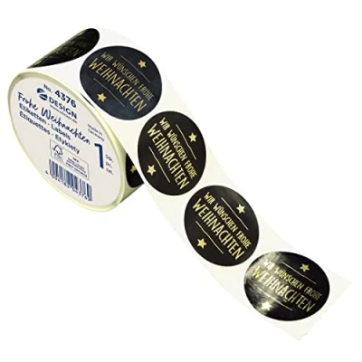 Image of AVERY Zweckform 600 Stickers Merry Christmas (Made in Germany, Diameter 38 mm, Black Gift Stickers, Golden Lettering, Self Adhesive Decoration, Cards, Bags, Vouchers) on Roll, 4376