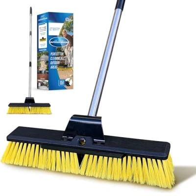 Image of Heavy Duty Garden Broom Outdoor 16&quot; Stiff Hard Brush &amp; Metal Handle for Sweeping Your Yard, Decking