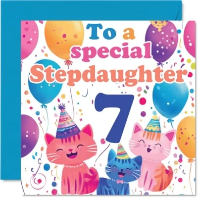 Image of 7th Step Daughter Birthday Card Cute Cats Special Happy for from Mum Dad, 145mm x Age 7 Seven Greeting Cards