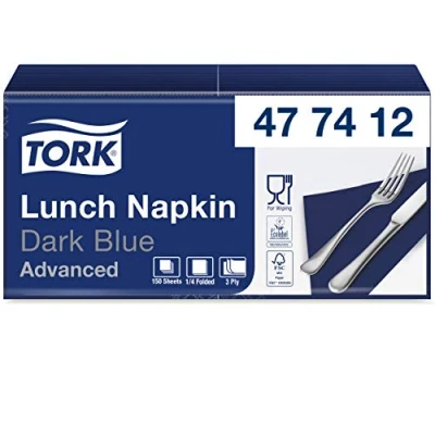 Image of Tork 477412 Soft Dark Blue Lunch Napkin / 3 Ply Advanced, Unprinted Serviette in Navy 10 x 150 Sheets (WxL: 16.3cm 16.5cm)