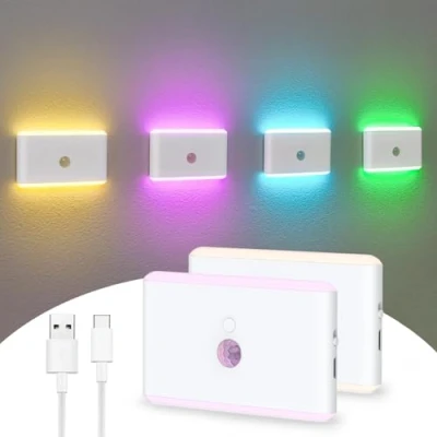 Image of AVEKI Motion Sensor Night Light, 7 Colors Rechargeable LED Light with Dusk to Dawn Sensor, Dimmable Mini Stair Lights Hallway Small Wall for Bedroom Bathroom Closet Stairway (2PC)