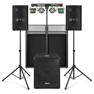 Image of VONYX VX1015BT 2.1 Active DJ Speaker Package with Booth &amp; Lights: Complete Setup Subwoofer, Disco Light, Bluetooth Connectivity Perfect for Live Events and Professional DJs