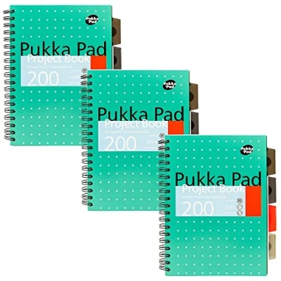 Image of Pukka Pad, 5 Subject B5 Project Book 3 Pack with Repositionable Dividers 200 Pages of 80GSM Paper 8mm Lines and Perforated Edges Metallic Green 25 x 19cm