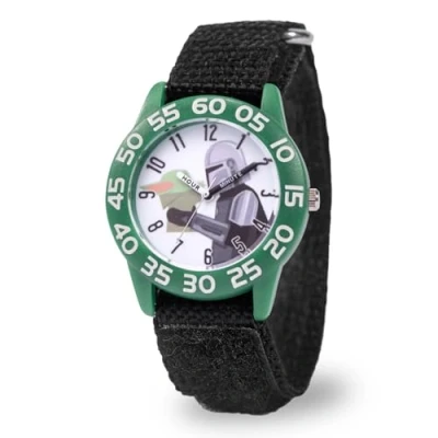 Image of STAR WARS The Mandalorian Kids&#039; Plastic Time Teacher Analog Quartz Nylon Strap Watch, Green/Black, strip