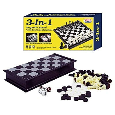 Image of 3 in 1 Chess Checkers Backgammon Set, Magnetic Pieces with Portable Folding Case. 25 by Cm