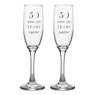 Image of Widdle Gifts Wedding/Anniversary Champagne Flutes Set of 2 Prosecco Glasses Gift Boxed (50th Golden Anniversary 6953)