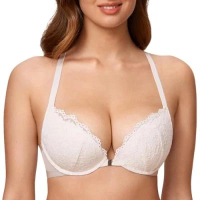 Image of DOBREVA Women&#039;s Push Up Front Fastening Bras Racer Back Lace Padded Plunge Underwired Bra Coconut White 36A