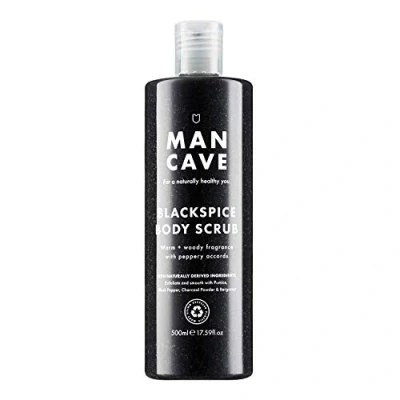 Image of ManCave Blackspice Body Scrub 500ml for Men, Warm &amp; Woody Aroma, Exfoliate Cleanse Skin with Pumice and Charcoal Powder Scrub, Natural Formulation, Vegan Friendly, Made in England