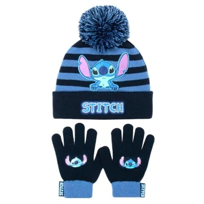 Image of Disney Stitch Winter Hat &amp; Gloves Set for Girls Warm Comfy Kids Accessories Gift Purple