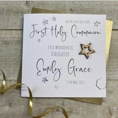 Image of WHITE COTTON CARDS PERSONALISED FIRST 1ST HOLY COMMUNION CARD. DAUGHTER. ANY RELATION. SILVER WOODEN STAR DESIGN. Handmade (P22 67 D &amp; XP22 D)