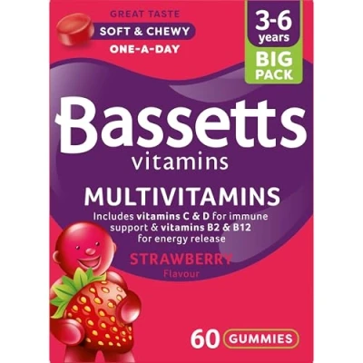 Image of Bassetts Vitamins 3 6 Years Strawberry Flavour Multivitamins 60 Gummies