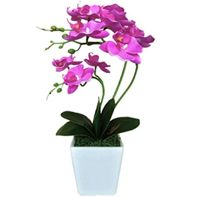 Image of YSZL 15&quot; Tall Artificial Silk Phalaenopsis Orchid Flower Plant Pot Arrangements (Dark Blue Purple)