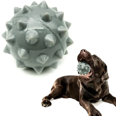 Image of Petopedia 10cm Dog Balls LARGE Rubber Ball FISH SPIKE Virtually Tough Squeaky Toys Indestructible Interactive for Boredom Strong dogs Catch Fetch (Grey)