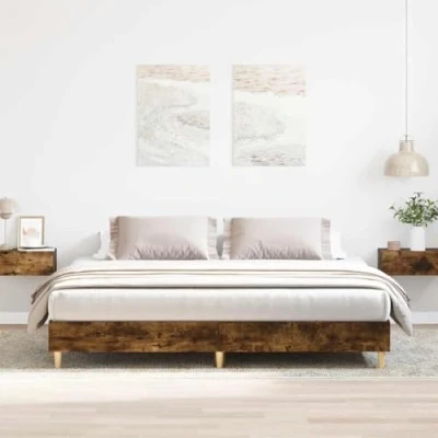 Image of vidaXL Smoked Oak Bed Frame Engineered Wood 200x200cm with Slatted Base for Bedroom
