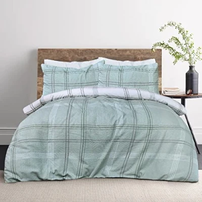 Image of Sleepdown Waffle Green Check Reversible Duvet Cover Quilt Pillow Cases Bedding Set Soft Easy Care Double (200cm x 200cm