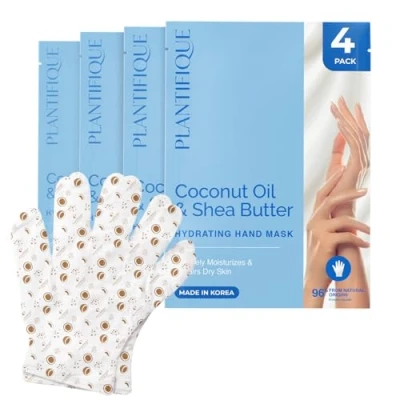 Image of PLANTIFIQUE Hydrating Hand Mask Gloves 4 Pack Korean Moisturizing Treatment with Hyaluronic Acid, Shea Butter &amp; Macadamia Nourishing Vegan Care for Dry, Rough Hands
