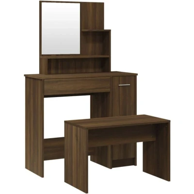 Image of vidaXL Brown Oak Bedroom Dressing Table Set Modern Design Vanity Desk with Mirror, Stool, and Ample Storage Engineered Wood Acrylic