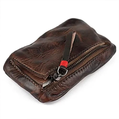 Image of Nicfaky Mini Wallet Coin Purse Genuine Leather Men&#039;s Vintage Clutch Bag with Short Zipper Small Change Bag, brown, One Size