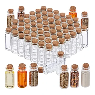 Image of Relaxdays Mini Glass Bottles with Cork Stopper, 72 Pieces, Perfect for Oils, Spices, Sand, 10 ml, Deco, Transparent, 80% 20%, 5.5 x 2 cm