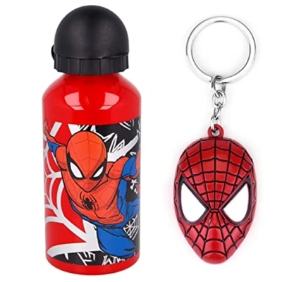 Image of OM SUPPLIES Spiderman Urban Web Characters Aluminium Sports Bottle 400ml Holiday, Back to School Water Drinking Kids Lunch Children Includes Keychain