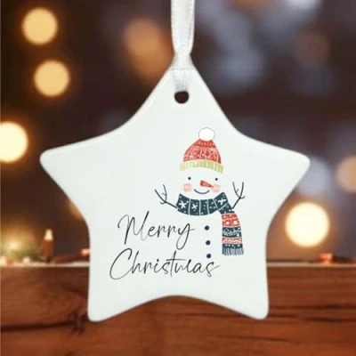 Image of Luck and Personalised Christmas Decoration, Porcelain Bauble Ceramic Gift, Custom Tree Snowman Design with Message on the Back
