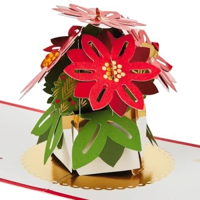 Image of Hallmark Christmas Card, 3D and Pop Up Poinsetta Flowers, Red Florals, Foliage, Red, Gold