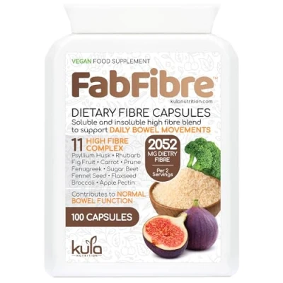 Image of FabFibre Dietary Fibre Complex (1026mg per Serving) Insoluble and Soluble Fiber Supplement Psyllium Husk Powder, Flaxseed Supports Daily Bowel Movements 100 Vegan High Capsules