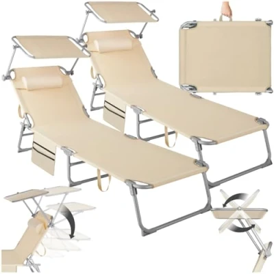 Image of TecTake® Set of 2 Folding Sun Loungers Adjustable 4 Position Backrest with Canopy &amp; Removable Head Cushion, Patio Garden Chairs Water Resistant Cover, Steel Frame Side Pocket Beige