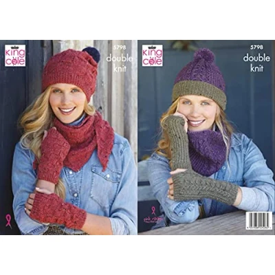 Image of King Cole Ladies DK Knitting Pattern Wrist Warmers Shawl Snood &amp; Hat (5798)