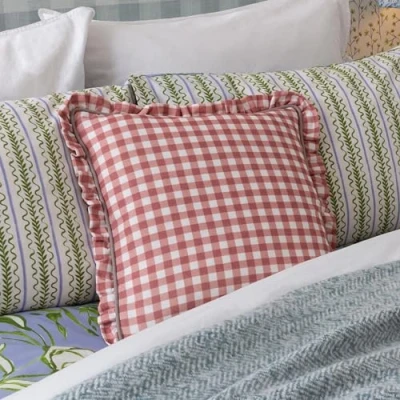 Image of furn. Maude Gingham Reversible Piped Feather Filled Cushion Rose Cotton Size 45 cm x