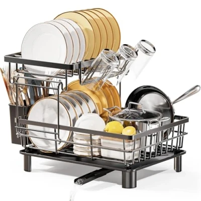 Image of LIONONLY 2 Tier Dish Drainer Rack with Drip Tray, Detachable drying Swivel Drainage Spout, Utensil &amp; Cup Holder,Dish for Kitchen Counter