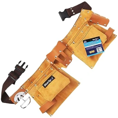 Image of BlueSpot Professional Double Tool Belt Split Leather Pouch Builders Construction Apron Carpentry Work Bag Nails &amp; Tools Holder DIY Garage Workshop UK FREE P&amp;P