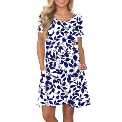 Image of AUSELILY Women&#039;s Summer Dresses Casual T Shirt Short Sleeve Dress Loose Swing with Pockets, Navy Leaves L