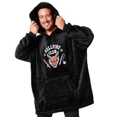 Image of Stranger Things Hoodie Blanket for Men and Teenagers Cosy Oversized Fleece One Size Sherpa Hood Gifts Him Black